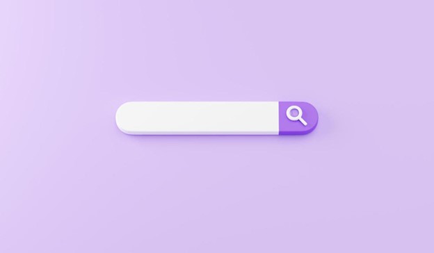 3D illustration of a minimalist Google search bar with a magnifying glass icon on a purple background