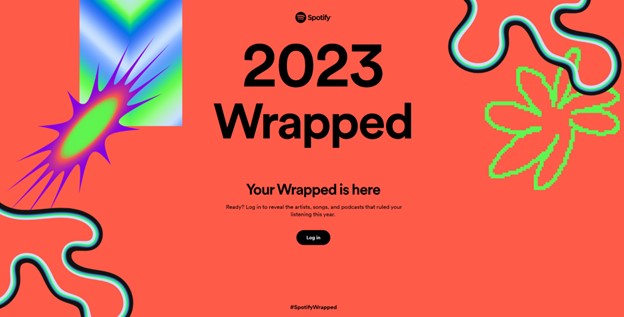 Spotify 2023 Wrapped campaign with vibrant graphics and a login prompt for users to discover their yearly music summary
